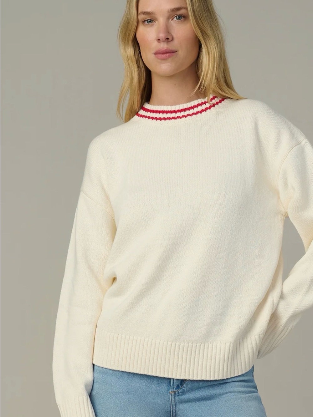 Joe's Jeans Cream Crewneck Sweater with Red Neck Stripe
